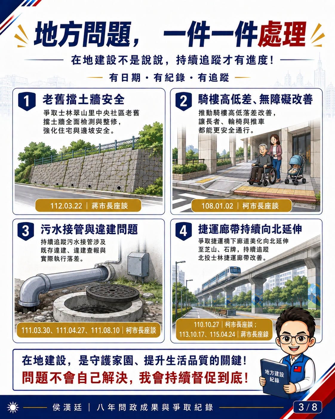 侯漢廷八年問政成果與爭取紀錄圖卡 3：108 至 115 年市長座談、便當會重點提案整理