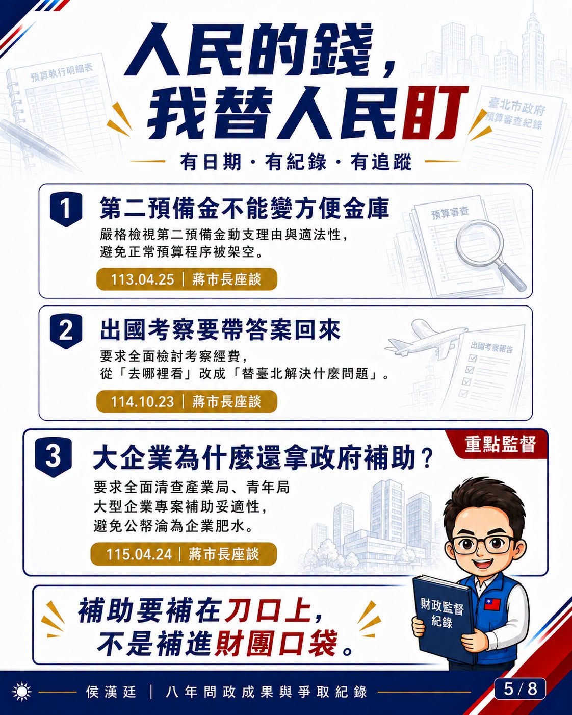 侯漢廷八年問政成果與爭取紀錄圖卡 5：108 至 115 年市長座談、便當會重點提案整理